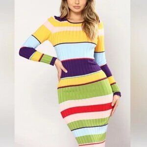 3/$60 Fashion Nova Rainbow Stripe Ribbed Sweater Maxi Dress SZ S